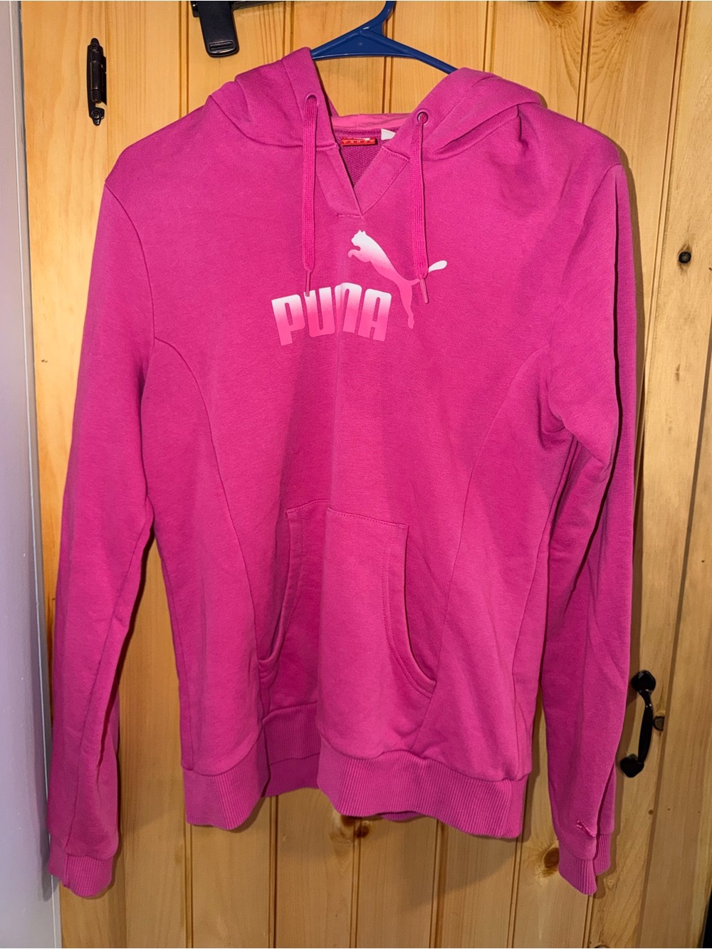 Puma Women's Hot Pink Hooded Pullover Sweatshirt- V-neck Size Large- Y2K Style